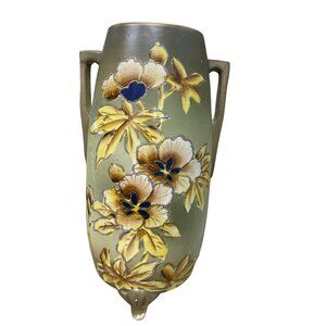 Antique Art pottery floral green blue hand painted footed 12.5" vase SKU 9815